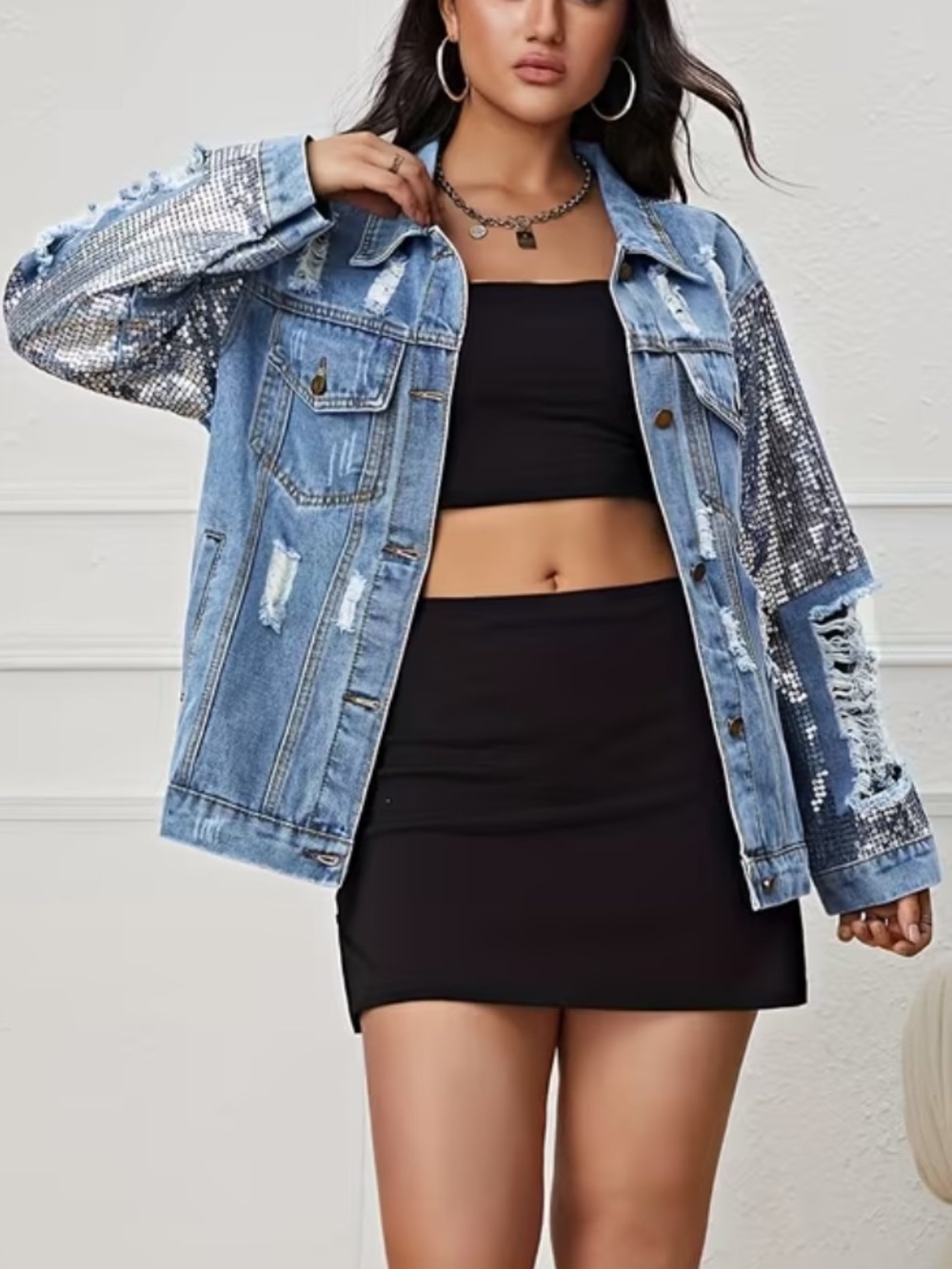 Blue Distressed Sequin Sleeve Denim Jacket Trendy Women's Spring Fashion Coat - Picture 3 of 6